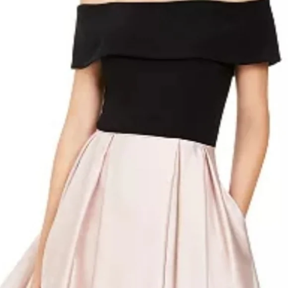 Betsy & Adam Off-The-Shoulder Fit & Flare Dress - Black/Beige - Size 2 Betsy & Adam Off-The-Shoulder Fit & Flare Dress - Black/Beige - Size 2